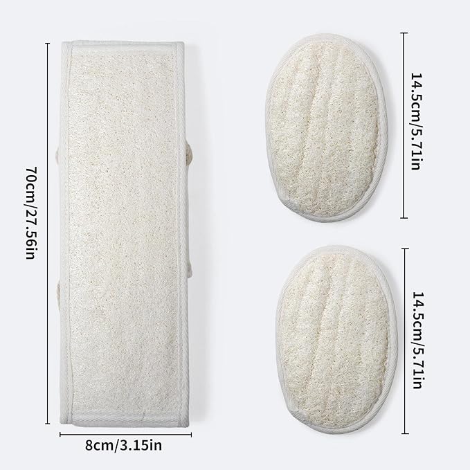 Back Scrubber, Natural Loofah Shower Strap with Oval Bath Pads Set | Long Handle Back Access, Natural Fibre Texture, Oval Wash Pads, Shower Use, Home And Travel Convenience