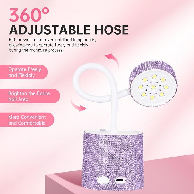 Flash Cure Nail Lamp, UV Nail Lamp for Gel Nails, Cordless Auto Sensor | 27W | Type-C | 1500mAh | Rhinestone | Mini Size | Easy to Carry | DIY Manicure | Purple Diamond