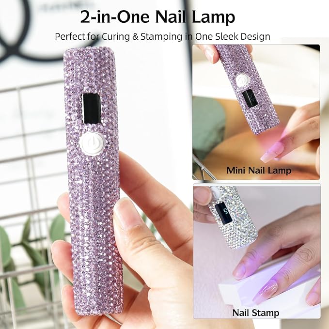 Handheld UV Nail Lamp with Sparkly Rhinestones Violet | 3W Portable LED Nail Lamp, Wireless Rechargeable USB Nail Dryer with Silicone Stamper, LCD Display, for Home DIY Manicures