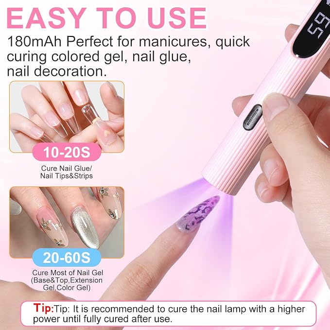 Handheld UV Light for Gel Nails, Gel Light for Nails Cordless Nail Lamp with LCD Display Fast & Even Curing for All Gel Types Rhinestone Glue Decoration DIY at Home Salon, Travel(Pastel Pink)