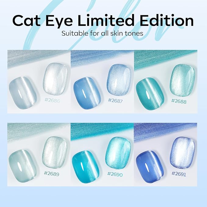 modelones Cat Eye Gel Nail Polish Set Glitter 6Colors Baby Blue Green