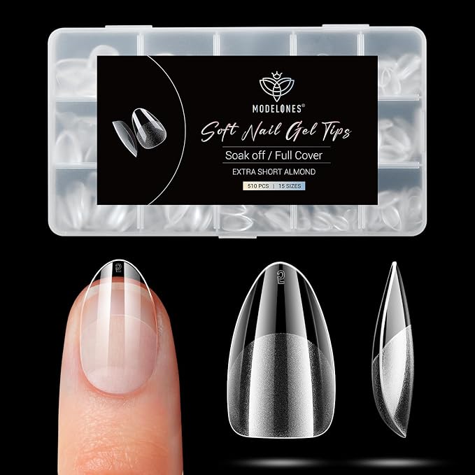 Modelones Extra Short Almond Nail Tips 510pcs Clear Fake Press on Nails Gel | Pre-shaped Half Matte Full Cover Acrylic Gel Kit False Nails for Extension DIY Salon 15Sizes