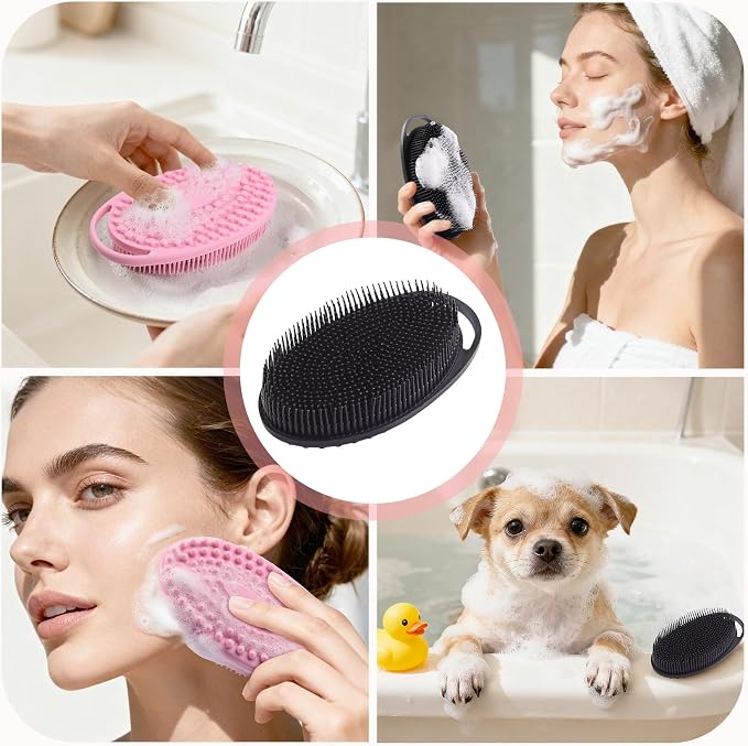 2 Pack Silicone Body Scrubber, Exfoliating Shower Scrubber for All Skin | 2 in 1 dual-sided design, soft bristles and massage bumps side, fast-drying, non-slip handle, for women and men, Black+Pink