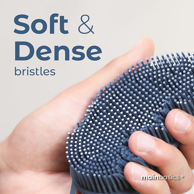 MainBasics Silicone Body Scrubber Dual-Sided, Dark Blue, Scalp | Shower Scrubber and Scalp Massager, Gentle Silicone Loofah Alternative for Deep Clean
