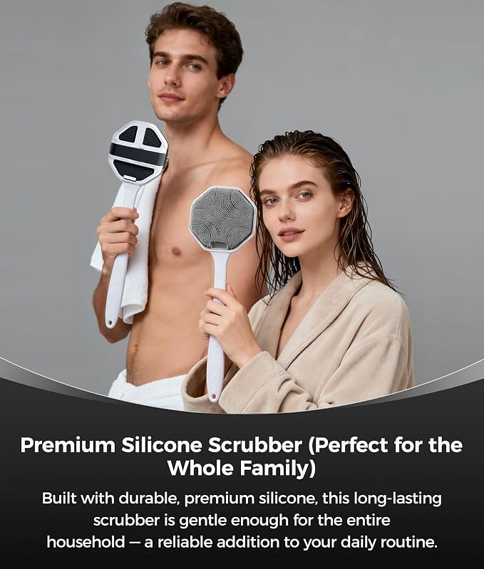 2 Pack Back Scrubber for Shower, Long Handle Silicone Body Brush, Exfoliating Shower Scrubber Brush with Non-Slip Grip, Back Scrubber for Men & Women, Grey+Black