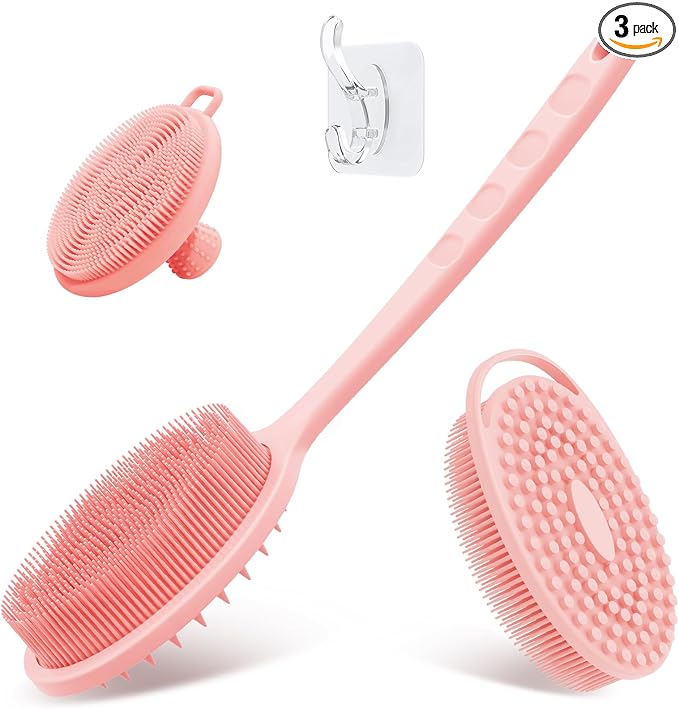 Silicone Back & Body & Face Scrubber Set 3PCS, Gentle Exfoliating Back & Body Scrubber with Dual-Side Brush Head, Hygienic Silicone Loofahs with Soft Bristle and Non-Slip Handle(Pink-3PC)