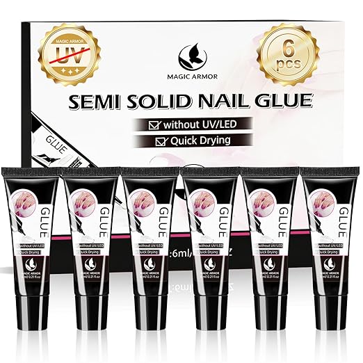 Nail Glue for Press On Nails 6ml x 6Pcs, No UV Light Semi Solid Nail Glue | Super Strong Glue Mini Tubes Quick Drying Gel Long Lasting for Fake Acrylic Nails