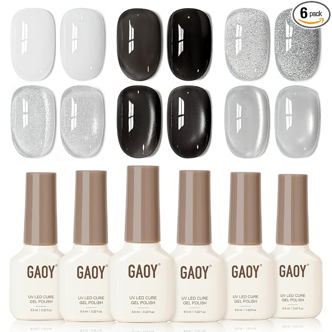 GAOY Black and White Gel Nail Polish Set 6 Colors, Cat Eye Gel with Magnet | UV Lamp Required, Holographic Glitter Glass Cateye, Holiday Halloween Nail Art, Salon Gel Manicure Pedicure