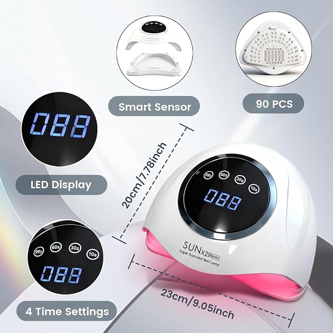 PROFESSIONAL 500W UV LED NAIL LAMP - 90 LED Bulbs for Fast Curing Gel Nail Polish - Smart Sensor with 4 Timers (10S/30S/60S/99S) - Portable Nail Dryer for Home & Salon Use - Quick & Even Drying