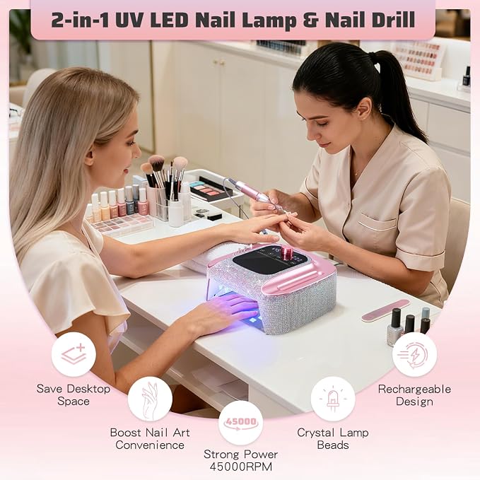 2-in-1 Rechargeable Cordless UV Nail Lamp & Electric Nail Drill Kit with Auto Sensor, LCD Display,45000 RPM Professional Gel Nail Dryer Machine for Home Salon Use & Training Nail Art Practice