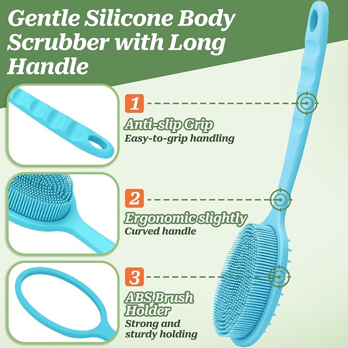 Silicone Back Scrubber for Shower, Gentle Exfoliating Body Scrubber & Back Washer with Handle, Silicone Loofah with Two Dual-Side & Replaceable Brush Heads(Blue-Two Heads)
