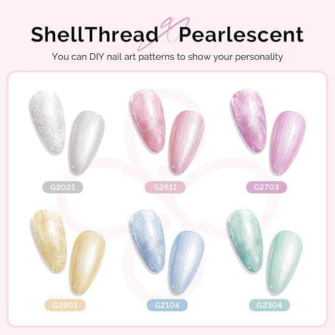 MelodySusie Pearl Gel Nail Polish Set, 6 Colors Pastel Macaron White Green Pink Purple Blue Yellow Iridescent Drawing Glitter Gel Polish Soak Off Swirl Shell Thread Effect Nail Art Gifts for Women