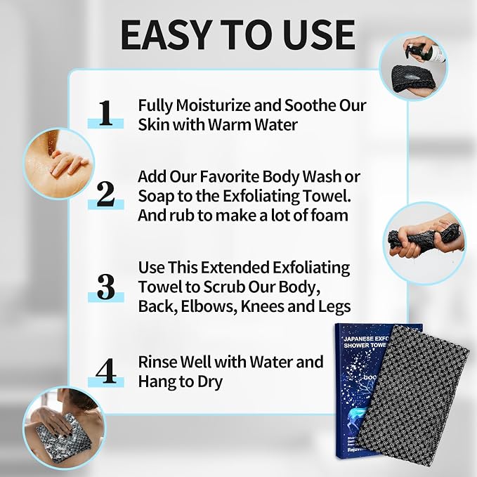 Exfoliating Washcloth Shower Towels Rich Silver Ion & Carbon Fiber | Premium Japanese Style Exfoliating Body Scrubber for Back Acne, KP & Smooth Skin, Longer Body Scrub Exfoliator with 2 Sides