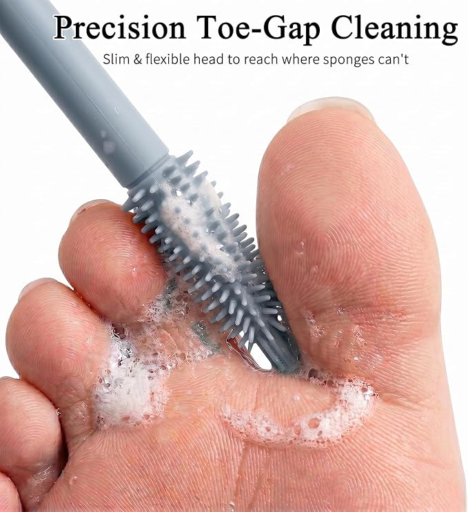 2 Pack Toe Cleaning Brush with 15.7" Long Handle, Silicone Foot Scrubber & Exfoliating Anti-Itch Brush for Bath & Feet, No-Bend Long Reach Feet Cleaner for Seniors & Daily Living (Grey)