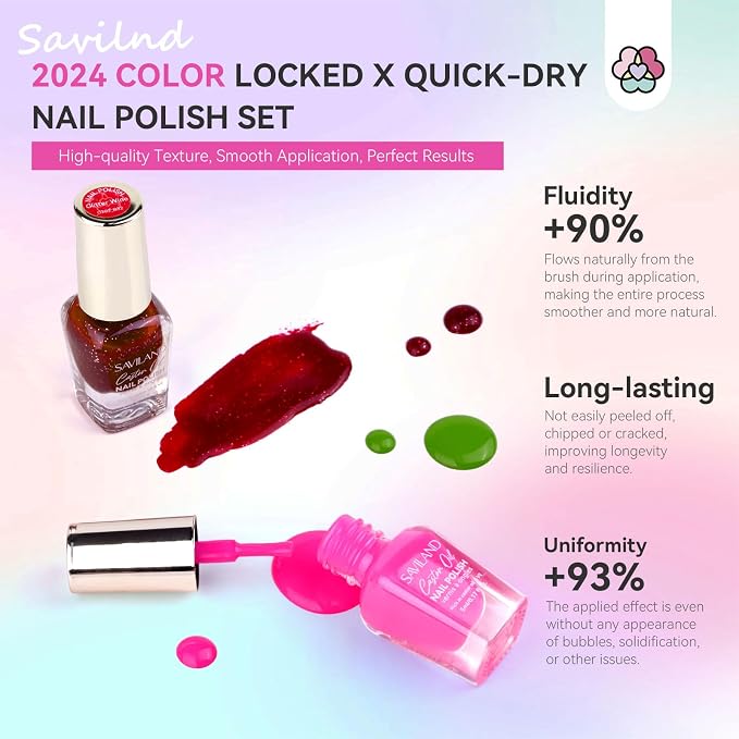 SAVILAND Nail Polish Set Air-Dry: 36+3 Colors Nail Polish Kit Red Pink Blue Glitter Regular Nails Polish with Base Top Coat Nail Lacquer Acrylic Nail Set for Beginner Home Salon DIY Gift