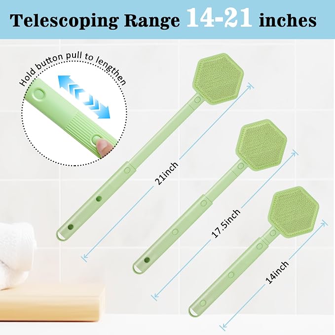 Silicone Back Scrubber for Shower with 21" Extendable Handle-Dual-Sided Long Handle Bath Brush for Exfoliating & Massage–Non-Slip Grip, Gentle&Deep Cleansing Body Brush for Men, Women, Seniors (Green)