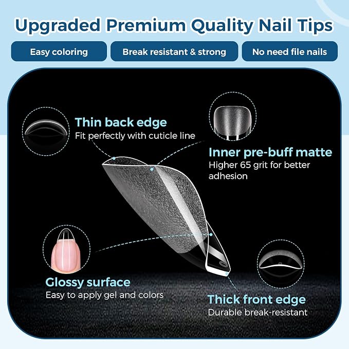TOMICCA Short Almond Nail Tips, 240pcs 15 Sizes, Soft Gel Tips | Half Matte Pre-Shaped Full Cover Clear Fake Nails, Acrylic Press on Nails for Extension, Beginners and Professional Salon