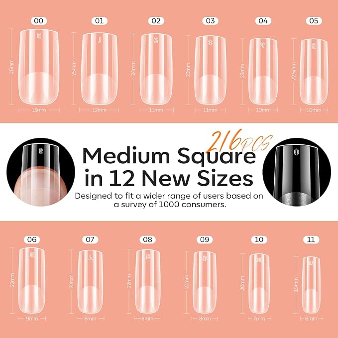 modelones X Nail Gel Kit Medium Square, 9-in-One Nail Glue UV Light | 216Pcs 12Sizes Pre-Etched Press ons Fake Acrylic Extension Kit DIY Salon Gift