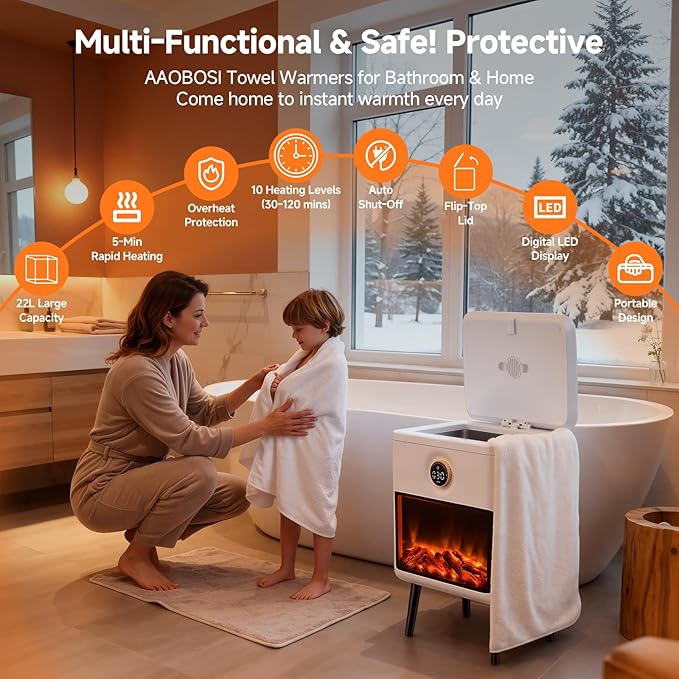 AAOBOSI Towel Warmer, 22L Large Luxury Towel Warmers for Bathroom with 3D Flame Screen, Auto Shut Off Even Heated Hot Towel Warmer Bucket for Towels, Bathrobes, Blankets, PJ's