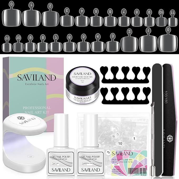 SAVILAND Clear Toenail Tips Kit with 500 Tips, Solid Glue Gel and UV Lamp | 500 clear toenail tips, solid glue gel, base and top coats, mini UV/LED lamp, toe separators and pedicure prep tools