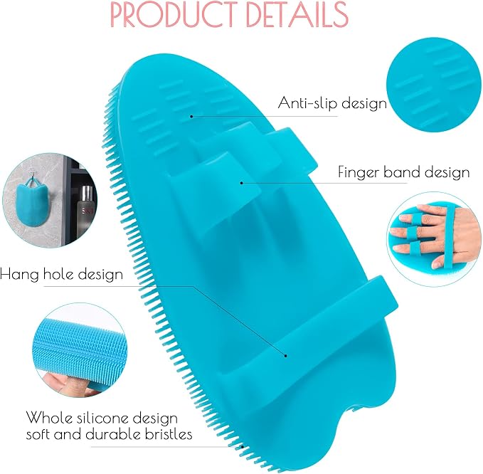 1 Pack Pure Silicone Food-Grade Body Brush Shower Cleansing Scrubber | Gentle Exfoliating Glove Soft Bristles (Blue)
