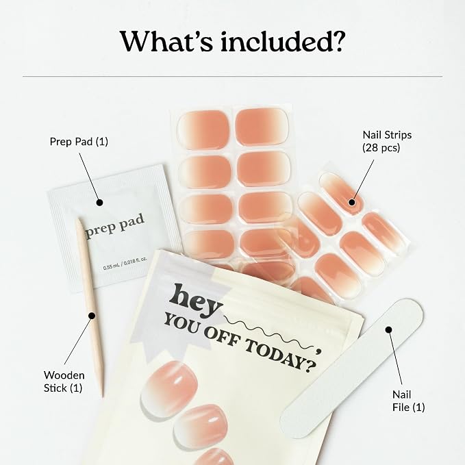 Heyhae Semi Cured Gel Nail Strips Salon Quality - Hey, You Off Today? | No UV Light Needed | Salon Quality, Easy Apply & Remove | 28 Strips, 1 Prep Pad, Nail File, Wooden Stick | Neutral Ombre