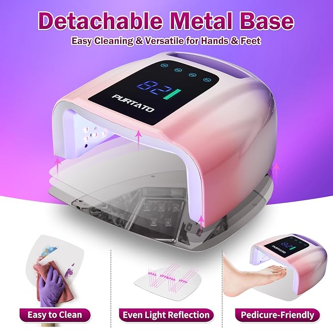 PURTATO Professional Rechargeable 96W UV LED Portable Cordless UV Light for Nail Lamp Machine with Removable Stainless Steel Bottom,4 Timer Setting and Smart Sensor Nail Dryer (Purple&Pink)