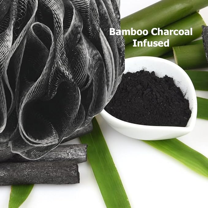 SHOWER BOUQUET Color-Charcoal Back-Loofah-with-Handle & 2 Bath Sponge Set | 1 Long Handled Loofah on a Stick for Men & Women & 2 Extra Large 75g Soft Mesh Loofa Poufs - Exfoliating Lufa Back Scrubber