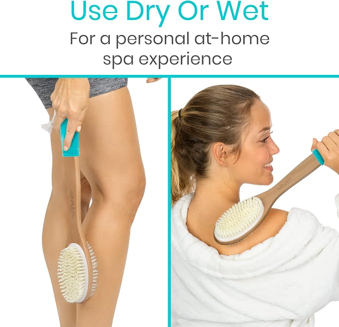 Vive Back Scrubber for Shower – Long Handle Dry Brushing Body Brush | Soft & Stiff Bristles – Exfoliating Shower Loofah & Bath Scrubber Cleaner for Women, Men, Elderly – Antiskid Grip
