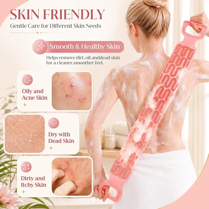 Manmihealth Silicone Back Scrubber for Shower Pink | 33.8'' Exfoliating Body Scrubber with Long Strap Handle, Dual-Sided Extendable Back Washer for Men and Women