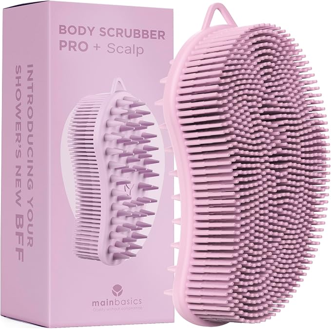 MainBasics Silicone Body Scrubber Dual-Sided, Pink, Scalp | Shower Scrubber and Scalp Massager, Gentle Silicone Loofah Alternative for Deep Clean