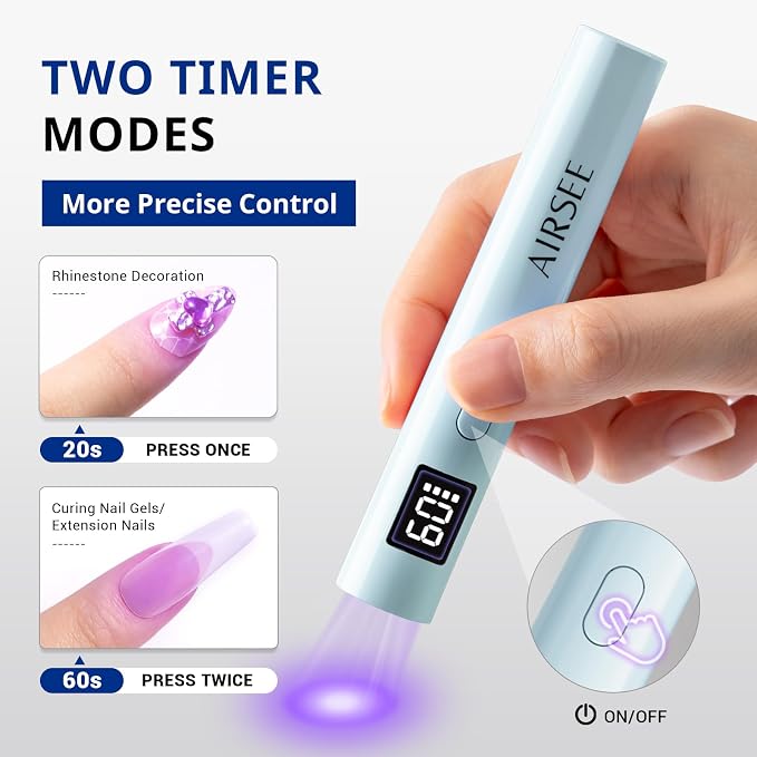 AIRSEE Mini Handheld UV LAMP for Nails with Storage Bag & Display,Blue | 2 Timers for Fast Cure All Soft Gels, Especially Rhinestone Glue and Gel Nail Strips at Home,Travel