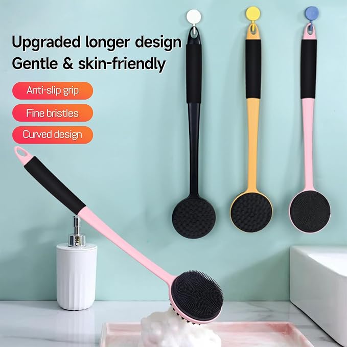 Back Silicone Rubber for Shower|17“ Curved Long Handle Body Brush|Dual-Sided Firm Exfoliating&Soft Bristles for for Men & Women|Silicone face Scrubber (Black face Brush and Pink Back Scrubber Set)