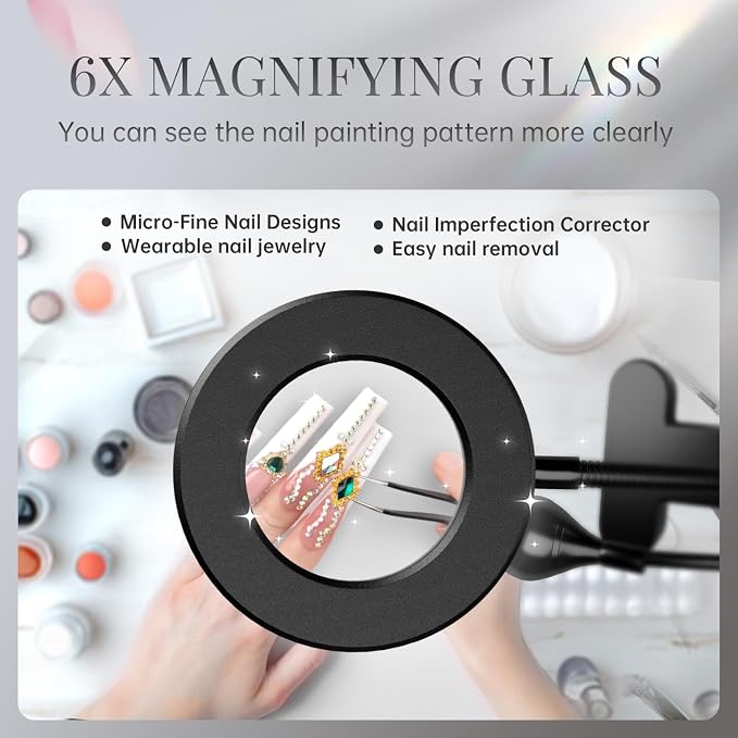 Dual Head UV Nail Lamp with 6X Magnifier, 3 Color Temps, Clip | 6X magnifier, 365+395nm fast cure, 3 color temps, 360° gooseneck, for gel polish and crafts, salon and home DIY