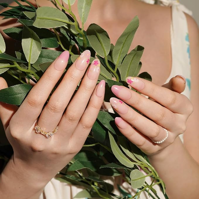 Flower Semi Cured Gel Nail Strips - 20Pcs Pink French UV Gel Nail Wraps with Colorful Floral Design, Long Lasting Salon-Quality Stickers, Includes Nails File & Wooden Stick - UV/LED Lamp Required