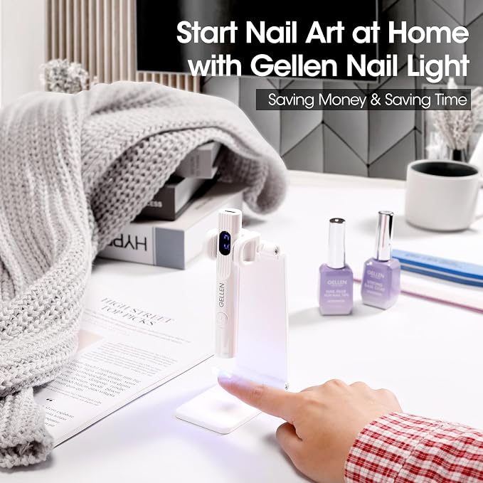 Gellen UV Light for Gel Nails, Mini Cordless UV Nail Lamp with Stand | Rechargeable Mini UV Lamp with Lcd, 30s/60s/99s Timers & 180° Stand for Handheld or Hands-Free Gel Curing