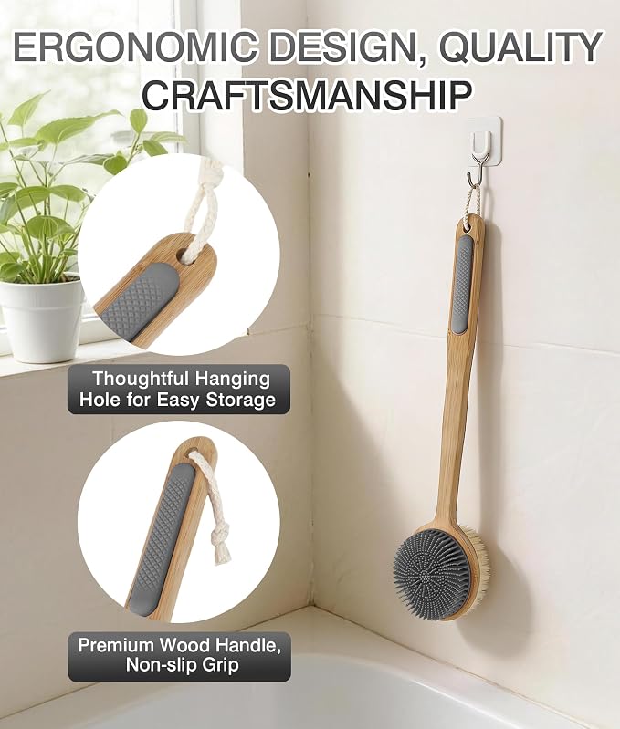 Back Scrubber for Shower - Double-Sided Silicone and Super-Dense Bristles for Deep Cleaning & Exfoliation, Bamboo Long Handle with Wider Anti-Slip Grip, Rich Foam, Durable (Grey)