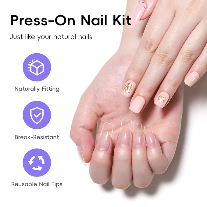 PEACECOLOR Square Gel Nail Kit, 240pc Short Medium False Nail Tips for Extension 2 Colors Jelly Gel Polish with U V Light Nail Glue Nails Art Stickers Rhinestones Easy DIY for Women Home Salon DIY