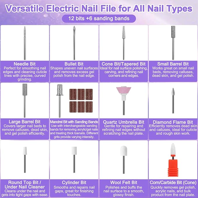 TPQKA PurpleNail 2 in 1 Nail Drill with UV Light, Professional Electric Nail File Kit 40000RPM, Rechargeable Manicure Pedicure Tools Set with 12 Bits & Lamp for Acrylic Gel Nails (Purple Silver)