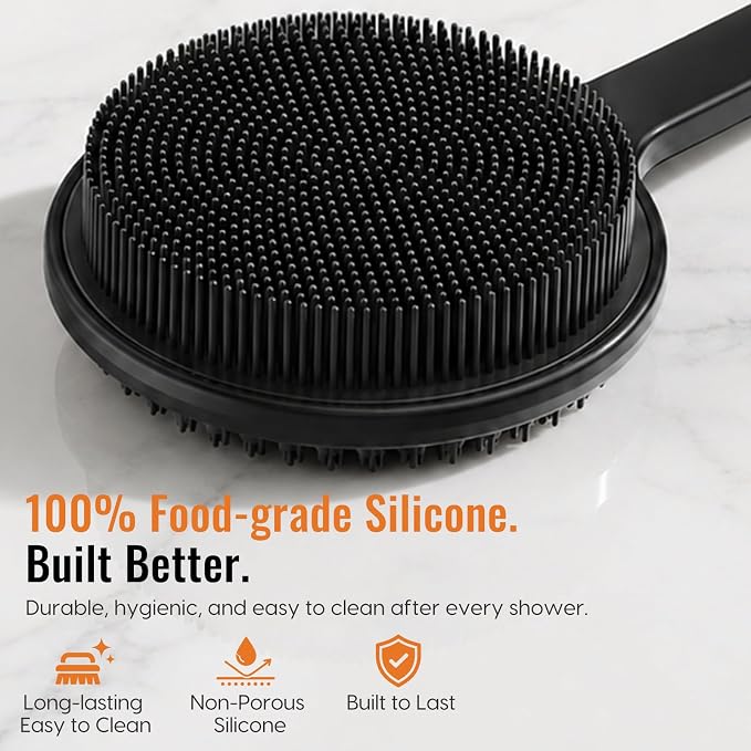 Silicone Back Scrubber for Shower, 17in Lengthen Long Handle Body Brush, Double Sided Shower Brush for Shower Exfoliating and Massage Can Produce Rich Foam, Long Handle Back Scrubber for Men