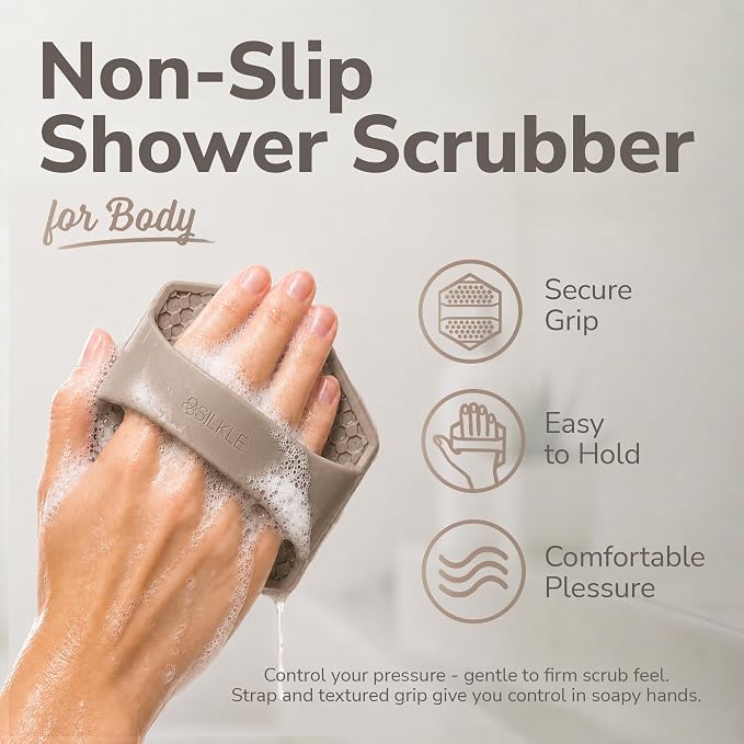 SILKLE Silicone Body Scrubber Exfoliator, Shower Scrubber & Silicone Loofah | Exfoliating Body Scrubber, Non-Slip Grip - Silicone Bath Brush & Shower Brush for Body, Quick-Rinse One-Piece Design - Clay