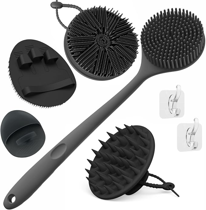 Manmihealth Silicone Body Scrubber & Scalp Massager 5PCS Set Style 1 Black | Super-Exfoliating Back Scrubber Shower Brush & Shampoo Brush Combination, with 2 Free Hooks