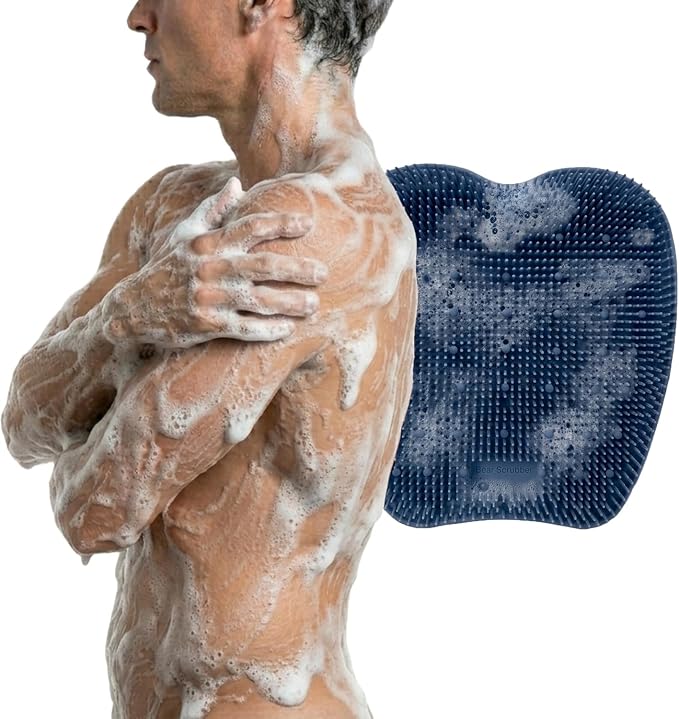 Silicone Back Scrubber for Shower – Body Scrubber & Exfoliating Back Brush for Men and Women – Soft Bristle Shower Scrubber & Back Massager Hands-Free (Navy Blue)