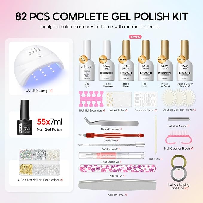 PEACECOLOR Gel Nail Polish Kit with U V Light 82PCS, 56 Colors Gel Polish Set with Cat Eye Gel Nail Polish 4Pcs Glossy/Matte/Glitter Top Base Coat Rhinestones Manicure Kit Gifts for Women Salon Home