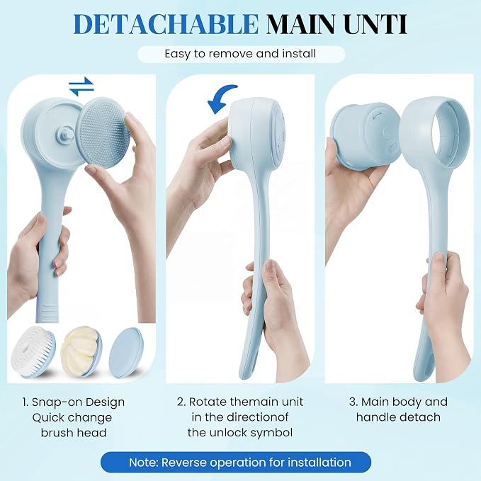 Electric Body Brush Back Scrubber for Shower，5 Replaceable Heads and Hook,Waterproof Long Dual Handle Power Body Scrubber 2 Speeds, for Cleansing Body, Exfoliating and Massaging Skin.