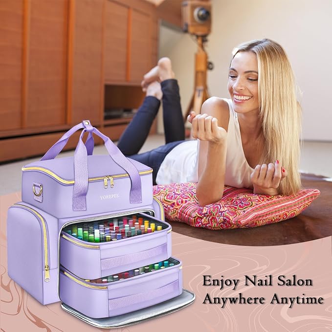 YOREPEK XL Nail Polish Organizer Holds 96 to 100+ Bottles, Lavender Purple | Gel x Nail kit Bag with 2 Removable Pouches Fits Nail Suppiles, UV lamp, Gifts for Manicurist, Women