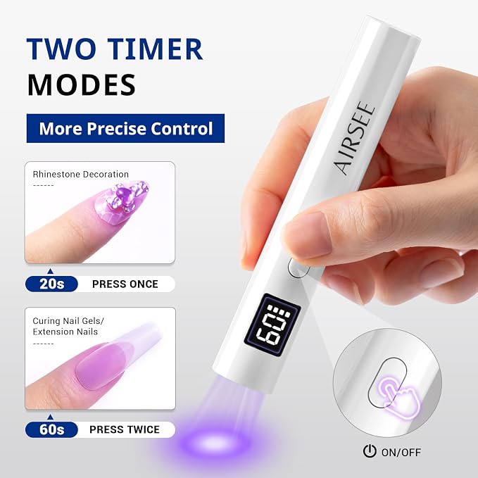 AIRSEE Mini Handheld UV LAMP for Nails with Storage Bag & Display,White | 2 Timers for Fast Cure All Soft Gels, Especially Rhinestone Glue and Gel Nail Strips at Home,Travel