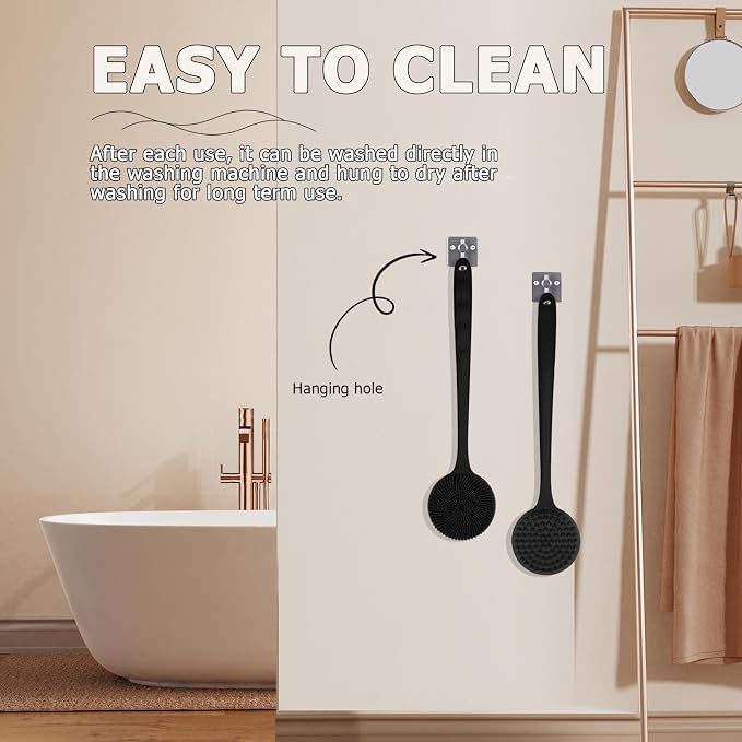 Long Handle Silicone Back Scrubber,Double-Sided for All Skin Types(Black | For Back & Legs & Feet, Travel & Business & Daily, Rich Lather,Anti-Slip Handle, Easy Hanging