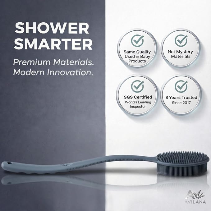 Avilana Silicone Body Scrubber for Shower – SGS Certified Food Grade Dual Sided Bath Brush, Gentle Exfoliating Silicone Loofah Alternative, Sensitive Skin Body Brush (Blue, Long Handle)