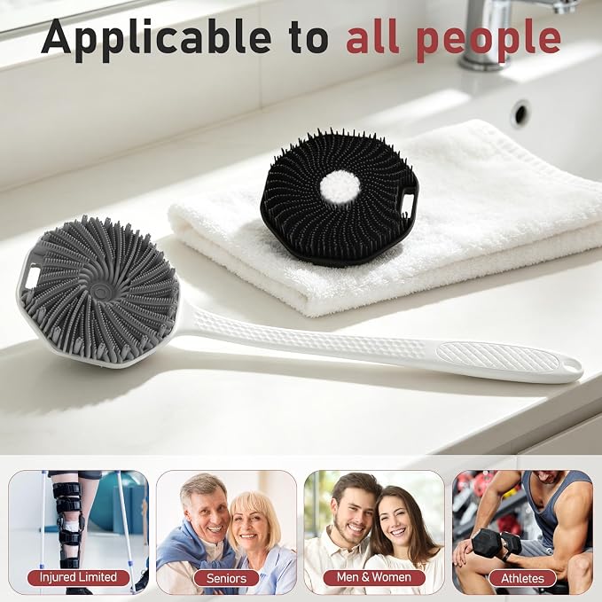 Back Scrubber for Shower 2 Pack, Silicone Scrub Brush with Long Handle & Unique Soft Body Scrubber, Detachable Body Brush Shower Lather Well Deep Clean Exfoliating for Women Men Sensitive Skin Bl&Gy